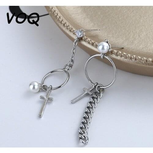 VOQ 925 Sterling Silver Cross Pearl Earrings Korean Geometric Personality Hip Hop Asymmetric Chain Circle Earrings Jewelry