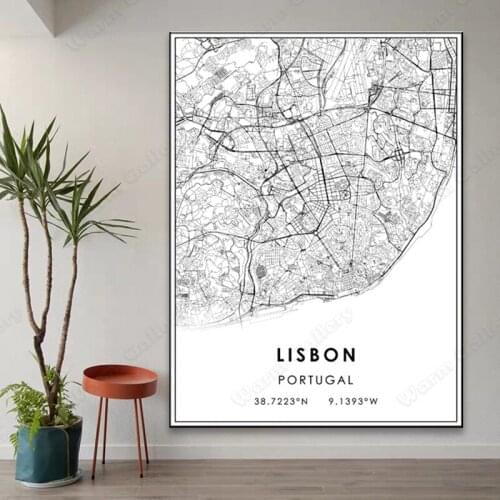 Black and White Portugal City Map The Lisbon City Map Poster HD Print Wall Art Canvas Nordic Landscape Painting for Home Decor
