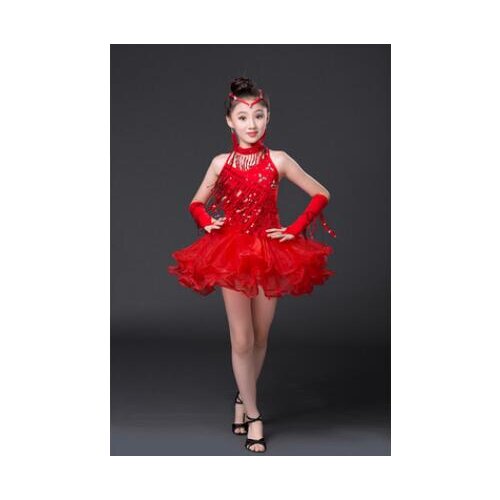 1pcs/lot children high waist latin dress girl backless tassel performance latin sequin dress 3colors