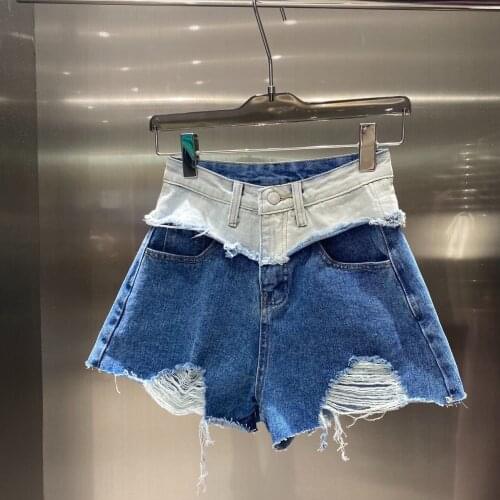Contrast Color Patchwork Denim Shorts Womens 2021 Summer New Fashion Ripped Hole Wide Leg Hot Pants Female Short Jeans Y1191