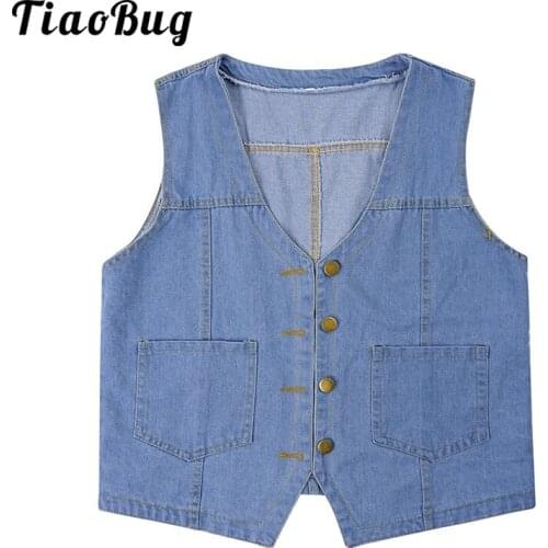 Women Girls Fashion V Neck Button Loose Denim Vest Spring Autumn Sleeveless Vintage Jean Jacket Ladies Casual Cropped Short Coat