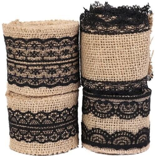 2meters 5cm Wide Natural Jute Burlap Ribbon Roll with Black Lace Trims Tape for DIY Crafts Wedding Decoration
