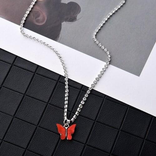 Fashion Bling Crystal Chain Women Necklace Simple Retro Colour Butterfly Pendants 2021 Korean Women Trend Party Jewelry