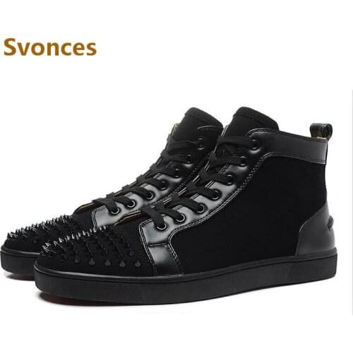 New Unisex Popular Black PU Flock Mens Boots Lace-Up Spikes Rivets Bottom Flats Casual Shoes Men Luxury Designer Studded Fashion