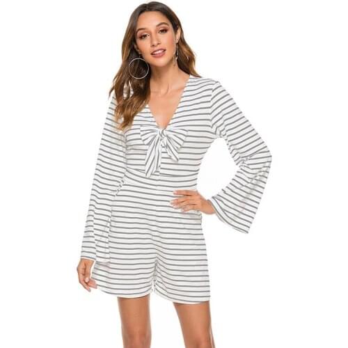 New Fall 2019 Stripe Bow Decorative Jumpsuit V-neck Long Sleeve Striped Printed Yellow Gray Black Orange Women Bodysuit