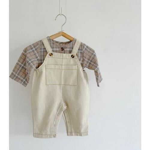 2021 Autumn New Baby Boy Denim Overalls Solid Color Sleeveless Romper With Girls Plaid Shirts Kids Jumpsuit Boys Bib Pants