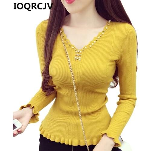 Autumn Winter Women Knitted Sweaters 2019 New V-Neck Beading Pullovers Long Sleeve Casual Sweaters Pull Female Jumpers Tops R586