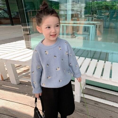 Autumn Winter Girls Floral Knitted Sweater Emboridey Warm Long Sleeve Soft Tops Outfit Clothes Tops Toddler Childrens Pullover