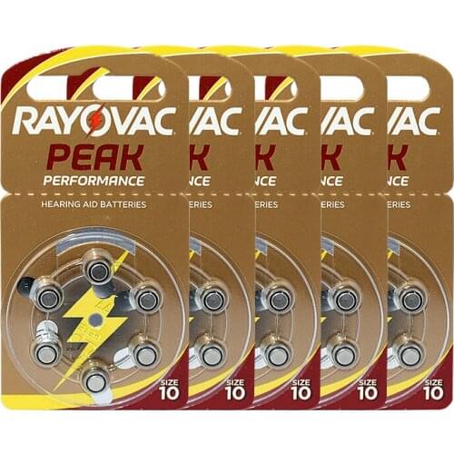 RAYOVAC PEAK - Zinc-air batteries for hearing aids, battery A10, 10A, ZA10, 10 PR70 and S10, 60 pieces
