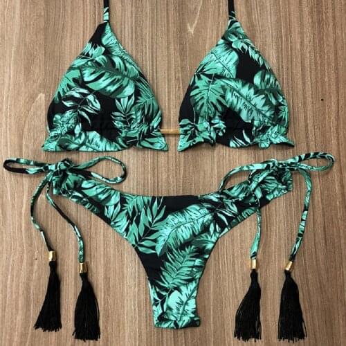 Sexy Mini Bikini Women Retro Printed Triangle Thong Swimsuit Female Halter Top Beachsuit Summer Brazilian Biquini Bathing Suit