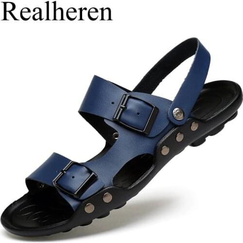 Summer Sandals Men Slides Slippers Leather Casual Outdoor Walking Soft Black Breathable Shoes New Fashion 2021