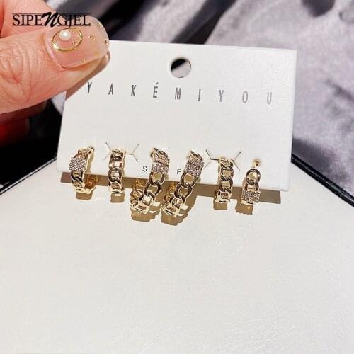 SIPENGJEL Fashion Inlaid Zircon Dainty Geometric Link Chain Stud Earrings Sets 6 Pcs Punk Sets Earrings For Women Jewelry 2021