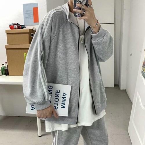 Ins super fire three bars sports leisure suit couple loose sweater handsome two-piece Korean student men and women trend