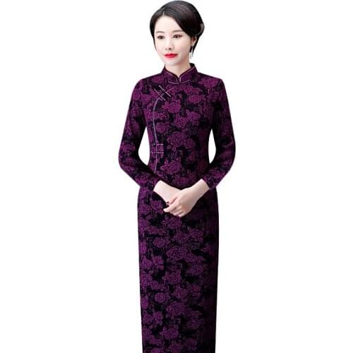 Chinese Traditional Dress Long-sleeved Cheongsam Thickened Daily Long Qipao Retro Slim and Thin Chinese Dresses for Women
