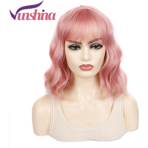 Vunshina Colorful Wavy Synthetic Wig With Bangs For Black Women Short Pink Purple Fleeciness Natural Fringe Wigs Heat Resistant