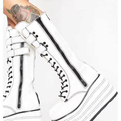 New Women Boots Mid Calf Boots Solid Color Lace Up Female Boots Platform Thick Heels Zipper Ladies Fashion Shoe Comfortable 2021