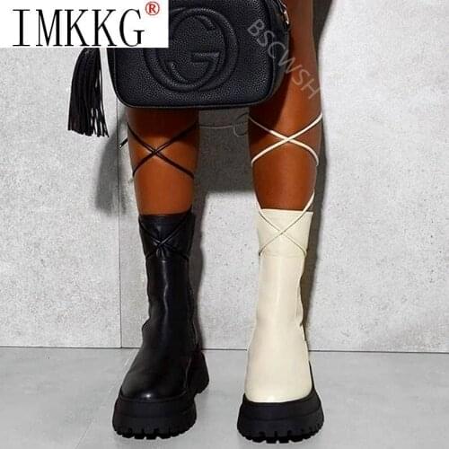 Womens New Lace Up Boots Pu Leather Boots Thick Heel With Platform Bootas Warm Women Shoes Winter Cross-tie Martin Boots