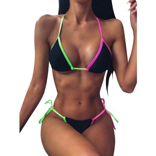 Women Candy Color Block Halter Bikini Sexy Triangle Cup Lace Up Tankini Sets Swimwear Swimsuits