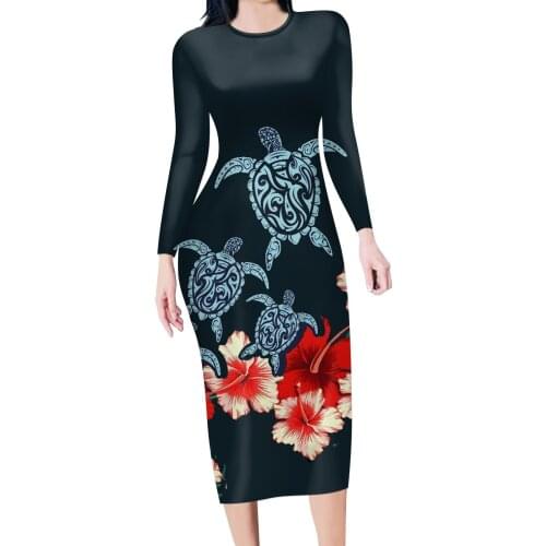 HYCOOL Autumn Dress Women 2021 Boho Polynesian Tribal Long Sleeve Turtle Shirt Sundress Elegant Loose Maxi Long Dress Plus Size