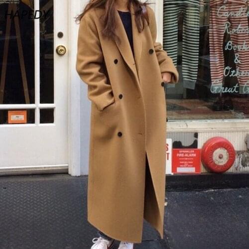 Double Breasted Long Wool Coat Korea Women 2021 Autumn Winter Ladies Long Sleeve Notched Collar Overcoat Parka Jacket Vintage