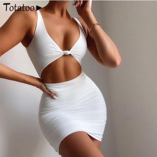 Totatoop Elegant V Neck Sexy White Dress For Women 2021 Summer Spaghetti Strap Sleeveless Cut Out Ruched Bodycon Dress Outfits
