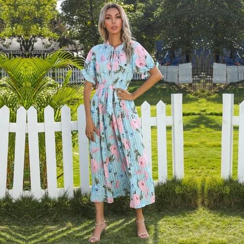 Summer Floral Pleated Chiffon Maxi Dress Woman Casual Short Sleeve Lace Up Long Dresses Women 2021 Pink Ruffles Print Robe Femme