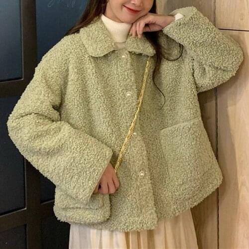 Winter Warm Women Coat Soft Button Jacket Sweet Elegant Ladies Plush Overcoat Pocket Casual Outerwear Woman Clothes