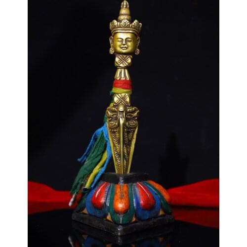 10"Tibet Buddhism Temple Old Bronze Manjushri Buddha Head Statue Vajra Phurba Dagger Holder Bodhi root Tracing Base