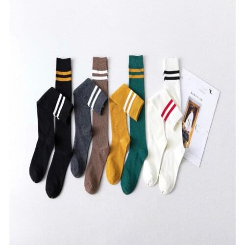 3pair Japan Harajuku High Leg Socks Thin Spring And Summer Two Bars Women High Tube Knee Cotton Striped Pure Students 2021