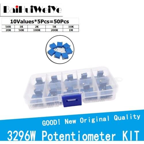 50pcs 3296W series 500R 1K 2K 5K 10K 20K 50K 100K 200K 1M multi-turn potentiometer Variable resistors With box set 10Values*5Pcs