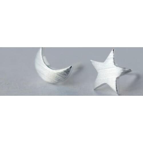 Asymmetric earrings Real. 925-Sterling-Silver Matte crescent moon&Star Stud Earrings ear sterling-silver-Jewelry GTLE1066