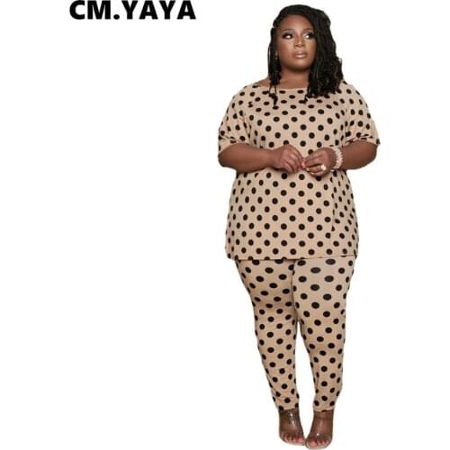 CM.YAYA Women Set Plus Size Print Short Sleeve O-neck T-shirts Sheath Elastic Long Pants 2 Piece Set Home Clothes Tracksuit 2021