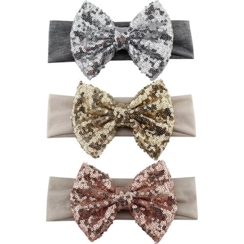 Infantile Girls Big Sequin Bow Headbands For Kids 2019 Solid Elastic Hair Band Large Gold Glitter Hair Bow Hair Accessories