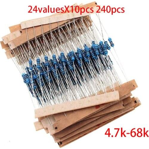 24valuesX10pcs 240pcs 1/4W 0.25W 1% 4.7k-68k Metal Film Resistor Component Kit