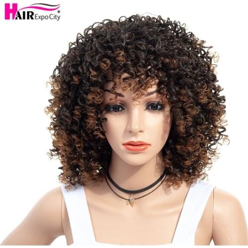 Short Kinky Curly Wig With Bangs Afro Wig Synthetic Wigs For Black Women Heat Resistant Mixed Brown and Blond Hair Expo City