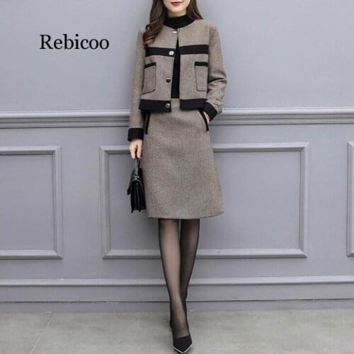 Vintage Tracksuits Woolen Outfits Pockets Women Short Coat High Waist Skirt Set Two Piece Set Female Suits Sets Clothes