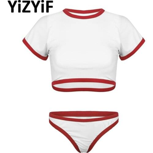 Swimming Suit For Women Swimwear Bathing Suit Set Short Sleeves Padded Push Up Crop Top With High Waist Thong Bikini Bottoms