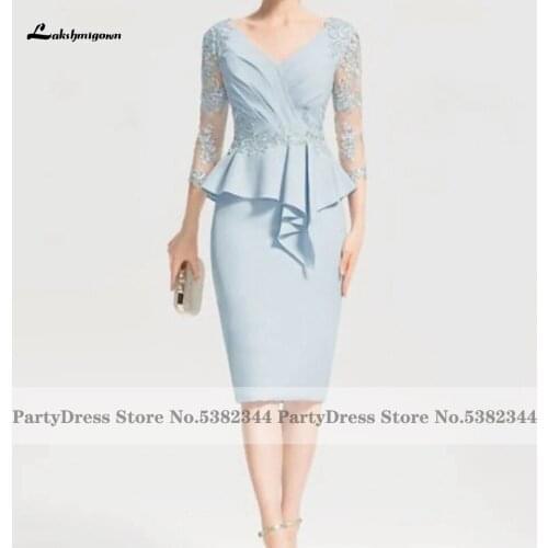 Lakshmigown Vintage Light Blue Lace Sheath Mother of the Bridal/Groom Dresses for Weddings 2021 Formal Party Gowns Half Sleeves