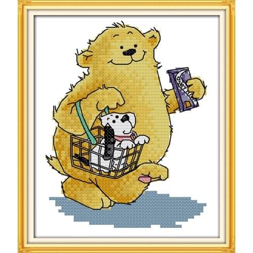The shopping bear cross stitch kit 14ct 11ct count print canvas stitches embroidery DIY handmade needlework plus