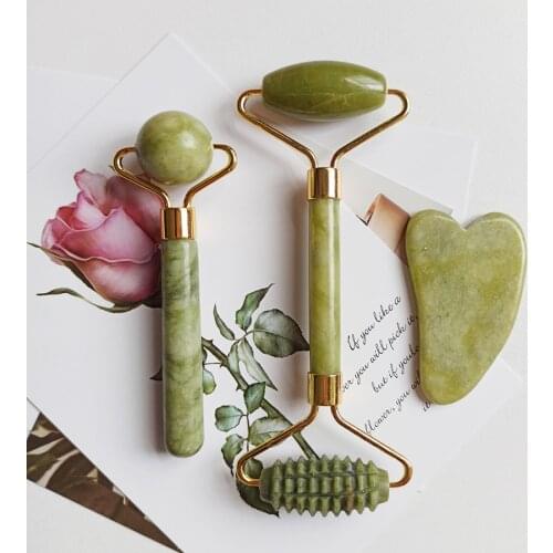 Natural Jade Roller Gua Sha Scraper Massage Ball Set Face Roller Massager for Face Lift Neck Body Facial Beauty Skin Care Tools