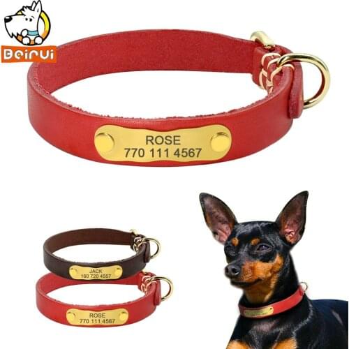 Genuine Leather Personalized Dog Collar Customized Real Leather Pet ID Collars Puppy Collars for Small Medium Dogs Red Brown