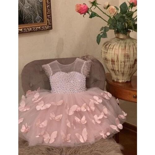 Luxury Pearl Beading Girls First Communication Dresses Butterfly Applique Flower Girls Dresses Gowns Custoim