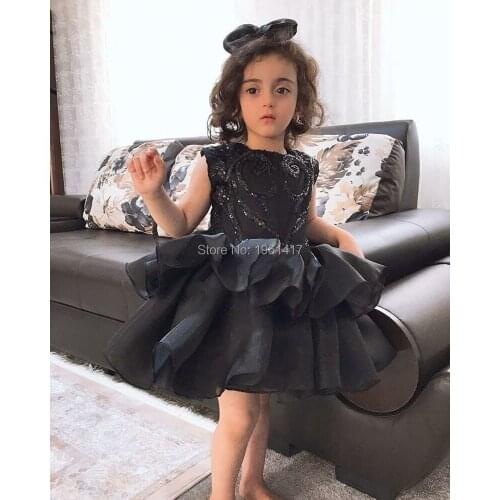Luxury Black Sleeveless Baby Girls Dresses For Birthday Party O Neck Princess Performance Costumes AG0327