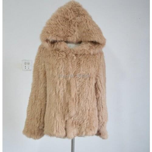 SJ435 New Fashion 2019 100% Top Quality 1*1 Thick Knit Light Camel Rabbit Fur Jacket with Hood