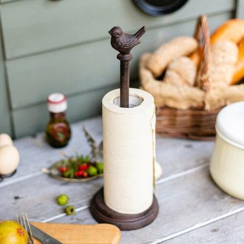 Antique Rustic Cast Iron Scroll Paper Holder With Bird Figurines Handle In Center Vintage Home Garden Table Decor Hemp Rope Rack