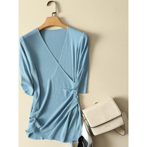 Thin Knitted Bandage Women T-Shirts Summer New 2021 V-Neck Slim Elastic Office Lady Cardigan Outwear Coats Tops Tees