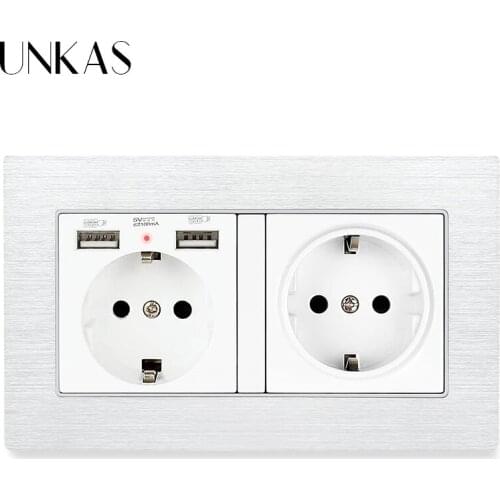 UNKAS EU Standard 146MM*86MM Aluminum Metal Panel Wall Socket With Dual USB Charging Port 16A Hidden Soft LED Indicator Outlet