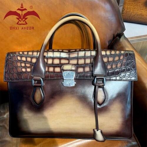 Successful Mens Bag! 100% Genuine Cro Cow Leather Handbag for Men Lady Tote Bag Briefcase in Patina Apricot Beige Color