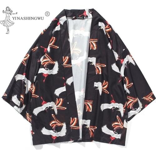 Japanese Couple Crane Print Kimono Men Women Harajuku Yukata Loose Shirts Cardigan Costume Samurai Male Japan Chinese Style Coat