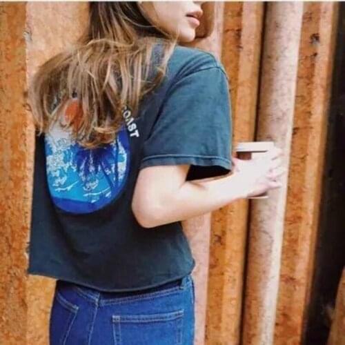 Happie Queens Women old washed o-neck T-shirt Fashion Crop Top print Cotton short sleeve boho T-Shirt